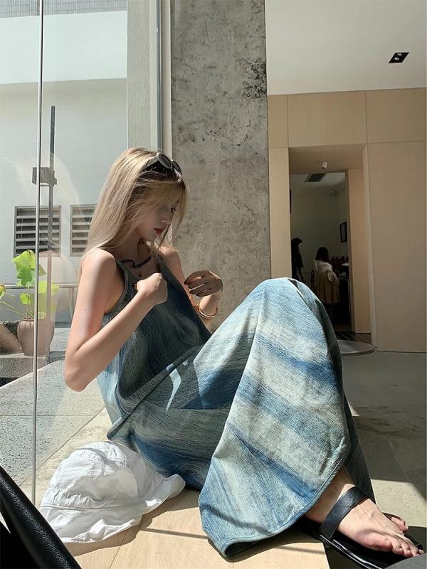 rochie fără mâneci cu bretele, decolteu U, croială A, lungime medie, poliester, model pictură, stil pulover, Guangzhou