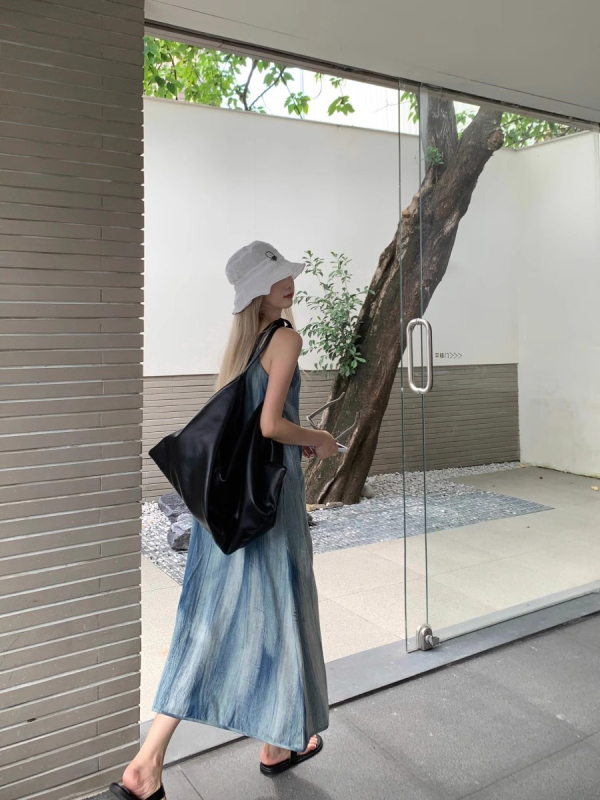 rochie fără mâneci cu bretele, decolteu U, croială A, lungime medie, poliester, model pictură, stil pulover, Guangzhou