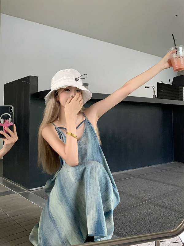 rochie fără mâneci cu bretele, decolteu U, croială A, lungime medie, poliester, model pictură, stil pulover, Guangzhou