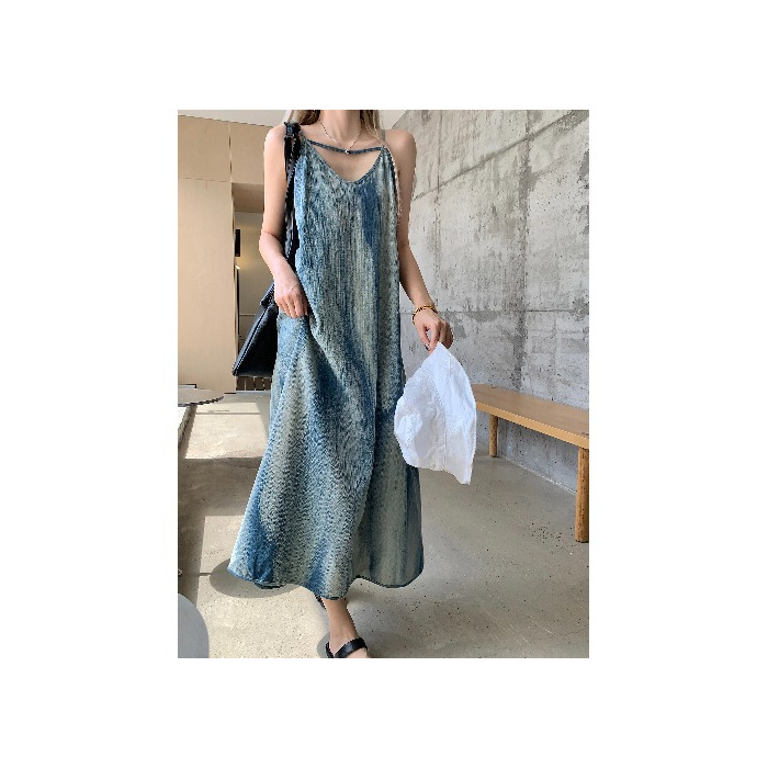 rochie fără mâneci cu bretele, decolteu U, croială A, lungime medie, poliester, model pictură, stil pulover, Guangzhou