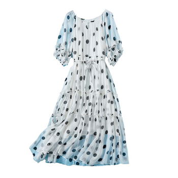 Rochie Babir din mătase cu imprimeu buline, decolteu rotund, mâneci scurte, fustă lungă