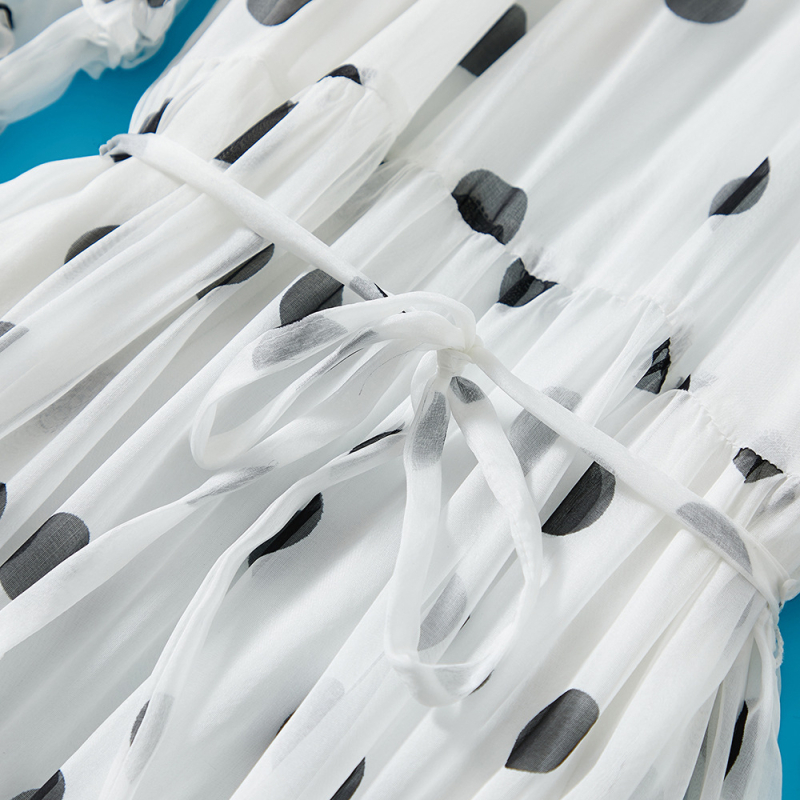 Rochie Babir din mătase cu imprimeu buline, decolteu rotund, mâneci scurte, fustă lungă