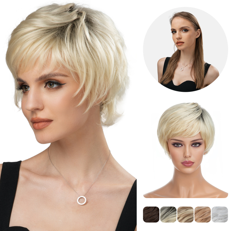 Perucă pentru femei, Sw161 model, stil exotic, păr scurt buclat, fibră de înaltă temperatură, breton parțial