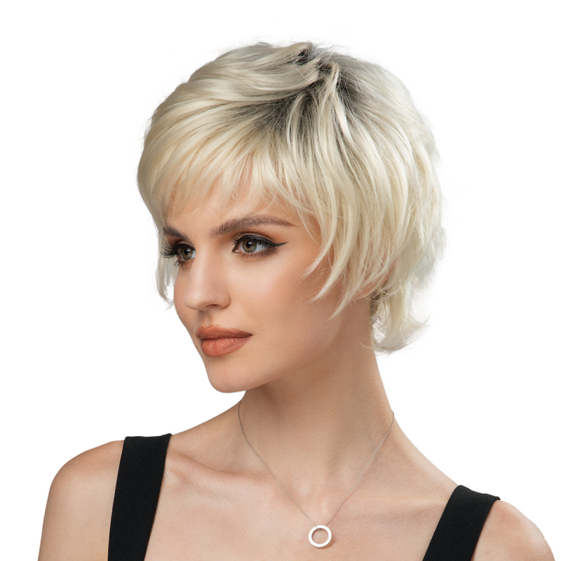 Perucă pentru femei, Sw161 model, stil exotic, păr scurt buclat, fibră de înaltă temperatură, breton parțial