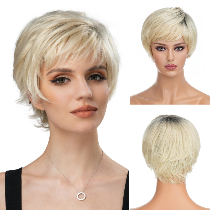 Perucă pentru femei, Sw161 model, stil exotic, păr scurt buclat, fibră de înaltă temperatură, breton parțial