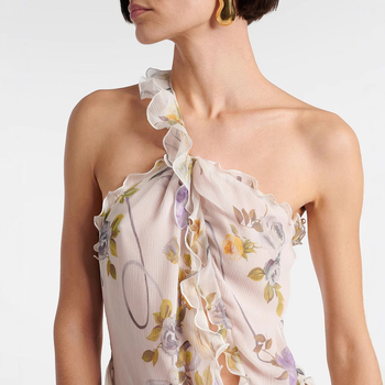 Rochie florală imprimată, halterneck, fără spate, fustă lungă neregulată, fără mâneci