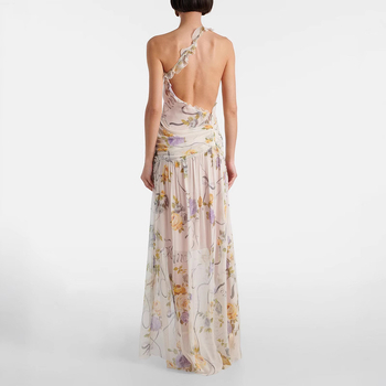 Rochie florală imprimată, halterneck, fără spate, fustă lungă neregulată, fără mâneci