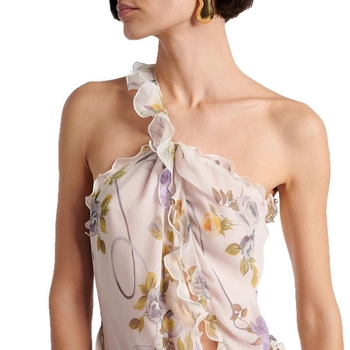 Rochie florală imprimată, halterneck, fără spate, fustă lungă neregulată, fără mâneci