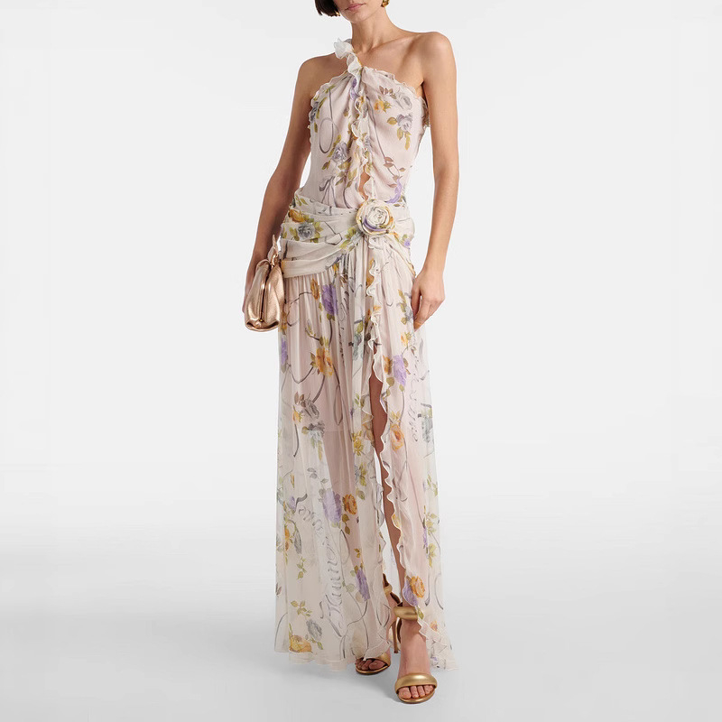 Rochie florală imprimată, halterneck, fără spate, fustă lungă neregulată, fără mâneci