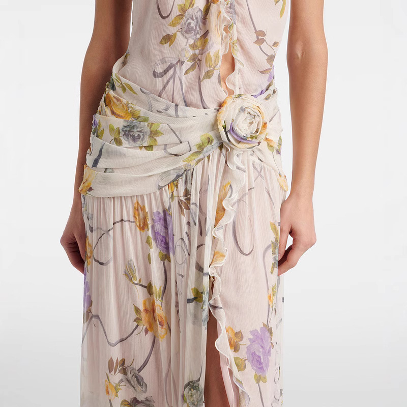 Rochie florală imprimată, halterneck, fără spate, fustă lungă neregulată, fără mâneci