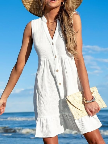rochie de plajă din bumbac fără mâneci, decolteu în V, talie înaltă, fustă A-line de lungime medie, stil pulover