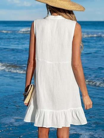 rochie de plajă din bumbac fără mâneci, decolteu în V, talie înaltă, fustă A-line de lungime medie, stil pulover