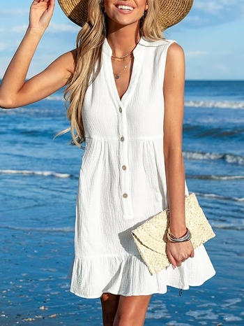 rochie de plajă din bumbac fără mâneci, decolteu în V, talie înaltă, fustă A-line de lungime medie, stil pulover