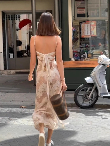 Rochie sling cu decolteu în formă de U, talie înaltă, imprimeu pe poliester stretch cu spandex, lungă