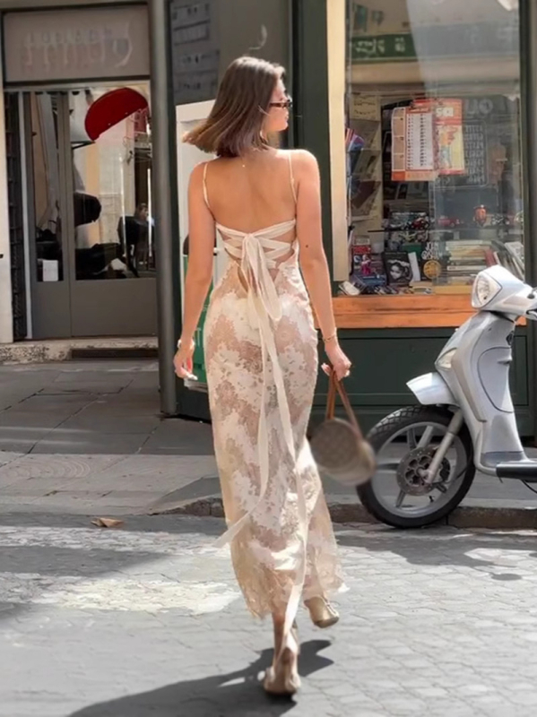 Rochie sling cu decolteu în formă de U, talie înaltă, imprimeu pe poliester stretch cu spandex, lungă