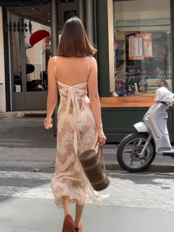 Rochie sling cu decolteu în formă de U, talie înaltă, imprimeu pe poliester stretch cu spandex, lungă