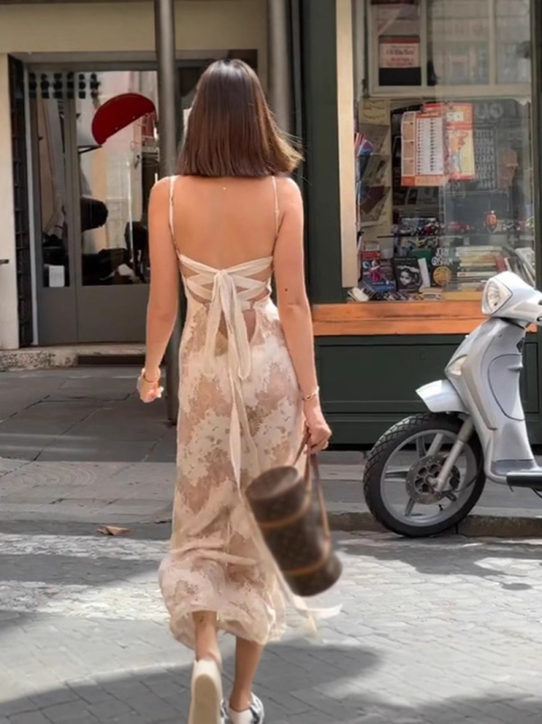 Rochie sling cu decolteu în formă de U, talie înaltă, imprimeu pe poliester stretch cu spandex, lungă