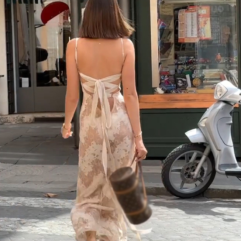 Rochie sling cu decolteu în formă de U, talie înaltă, imprimeu pe poliester stretch cu spandex, lungă