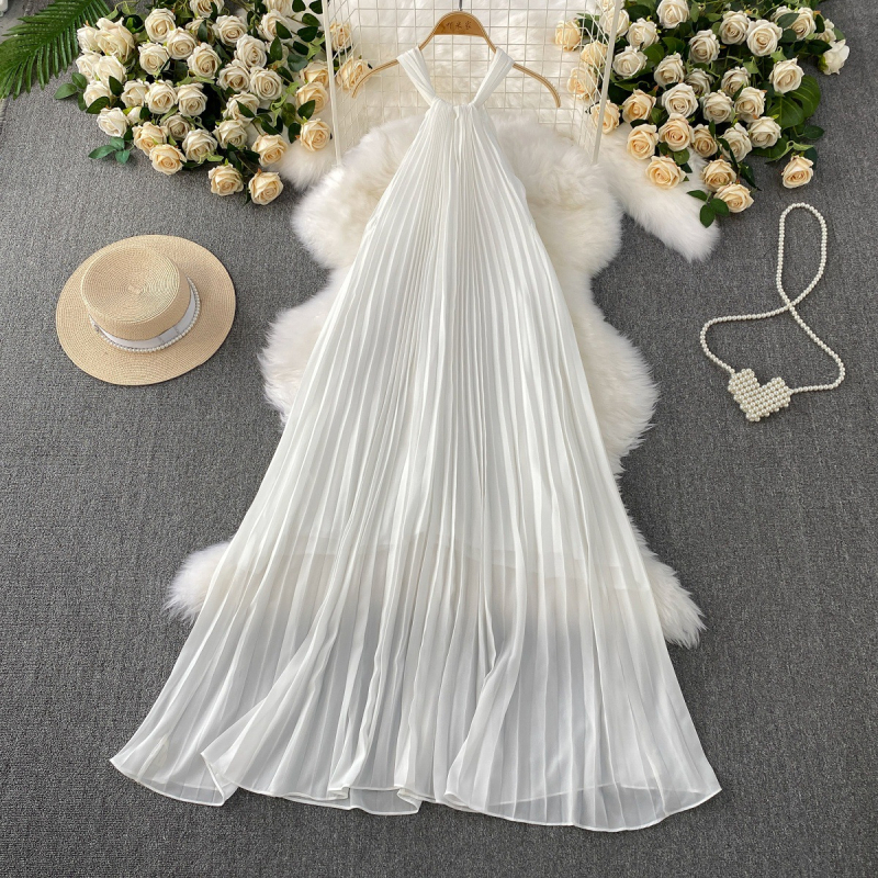 rochie din sifon cu talie înaltă, decolteu halter, plisată, lungime medie