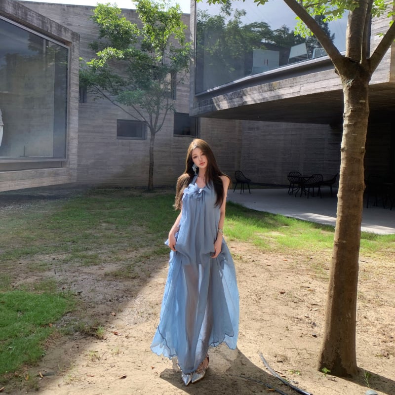 Rochie de chiffon cu guler halter, decoltare în spate, lungă, croială în A-line, talie elastică