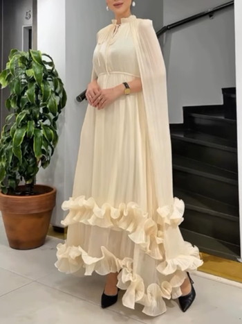 Rochie în croială A-line, lungă, guler cu șnur, poliester cu spandex