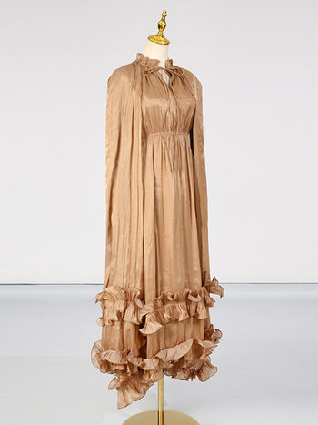 Rochie în croială A-line, lungă, guler cu șnur, poliester cu spandex