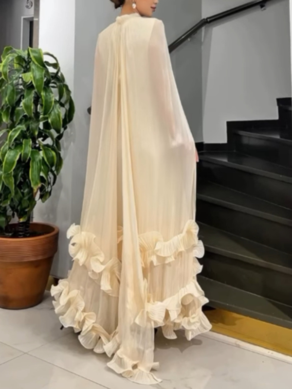 Rochie în croială A-line, lungă, guler cu șnur, poliester cu spandex