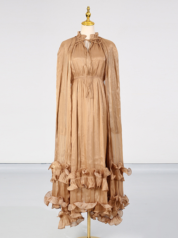 Rochie în croială A-line, lungă, guler cu șnur, poliester cu spandex