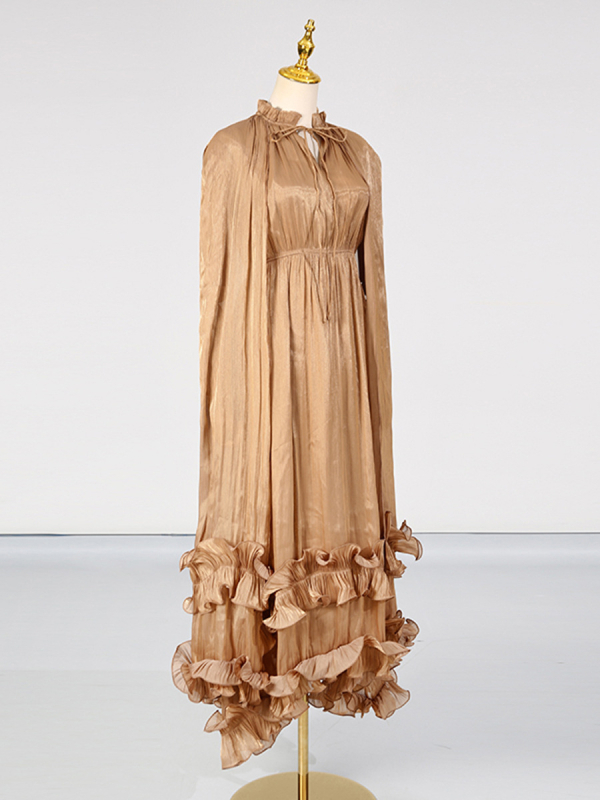 Rochie în croială A-line, lungă, guler cu șnur, poliester cu spandex