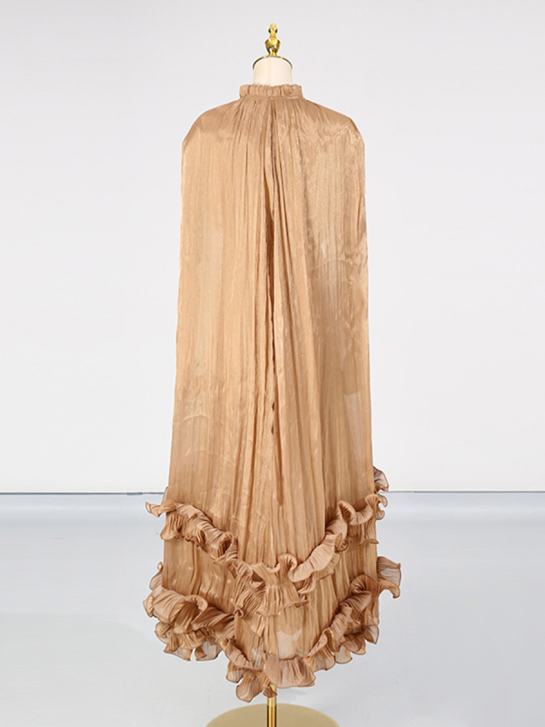 Rochie în croială A-line, lungă, guler cu șnur, poliester cu spandex