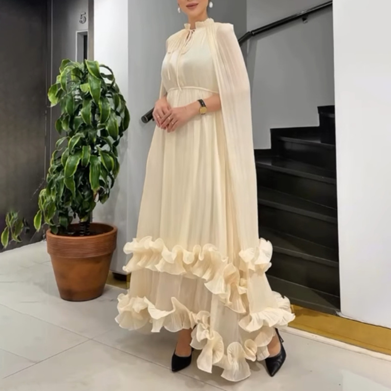 Rochie în croială A-line, lungă, guler cu șnur, poliester cu spandex