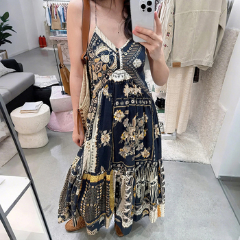 Rochie maxi din bumbac patchwork, cu bretele, talie înaltă