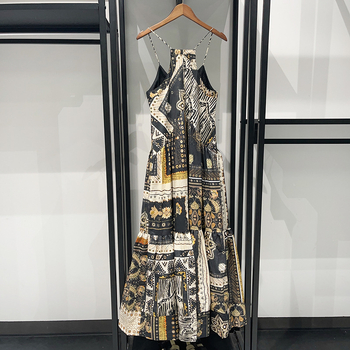 Rochie maxi din bumbac patchwork, cu bretele, talie înaltă