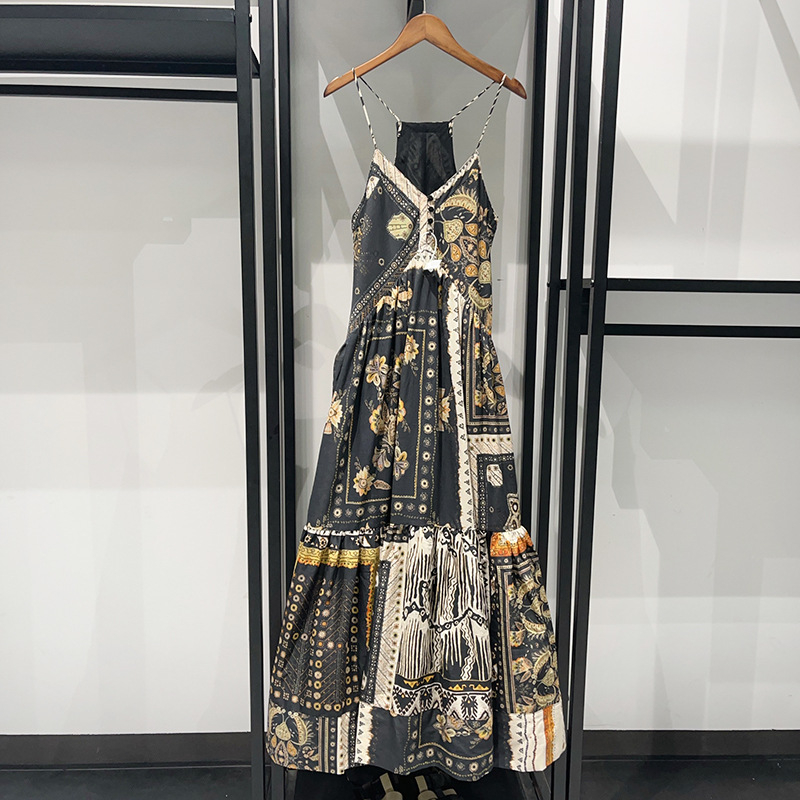 Rochie maxi din bumbac patchwork, cu bretele, talie înaltă