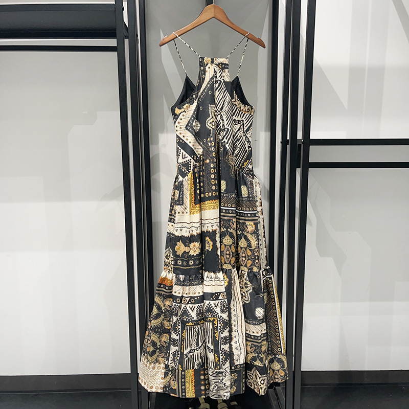 Rochie maxi din bumbac patchwork, cu bretele, talie înaltă