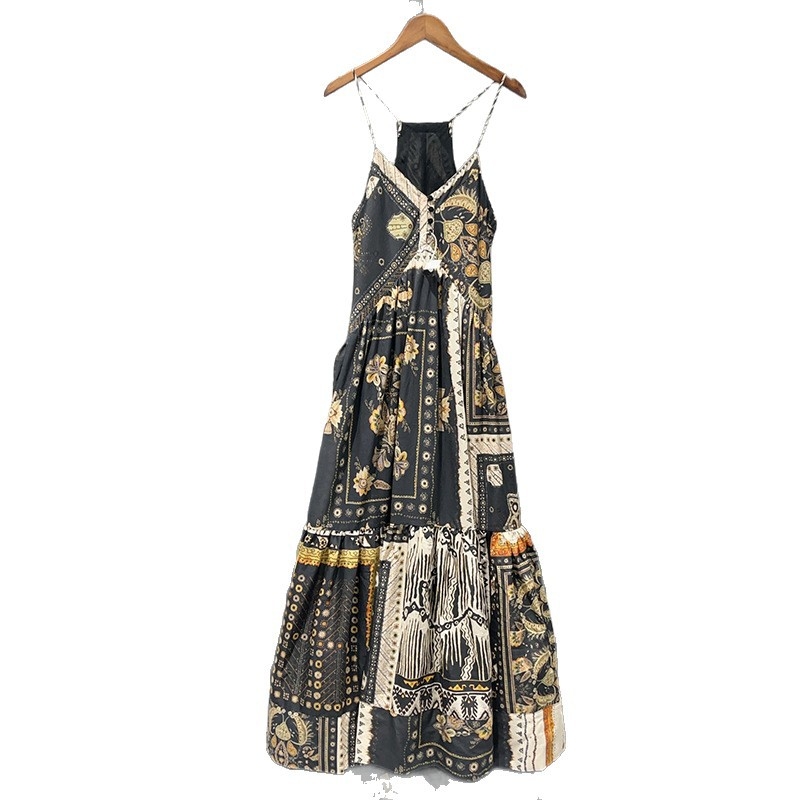 Rochie maxi din bumbac patchwork, cu bretele, talie înaltă