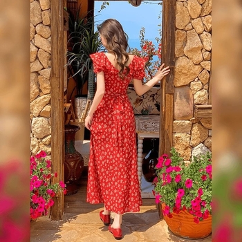 Rochie florală fără mâneci, decolteu în V, croială A-line midi, din poliester