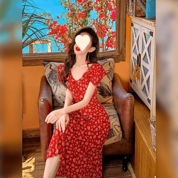 Rochie florală fără mâneci, decolteu în V, croială A-line midi, din poliester