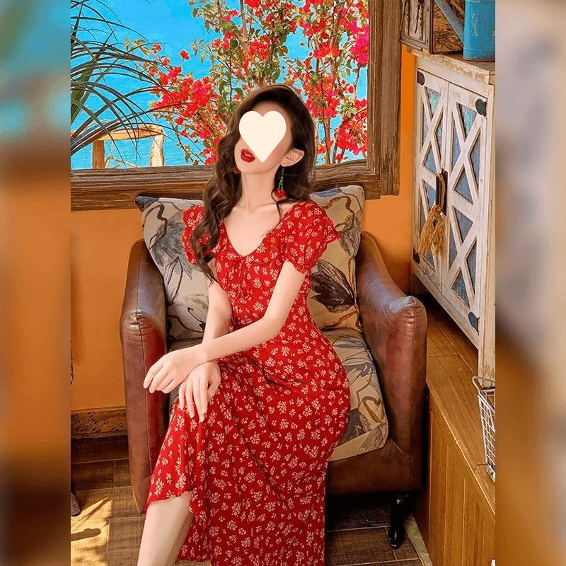 Rochie florală fără mâneci, decolteu în V, croială A-line midi, din poliester