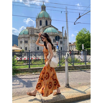 Rochie boemă de plajă din poliester, imprimeu cu plante și flori, decolteu în V, fără mâneci, croială A-line