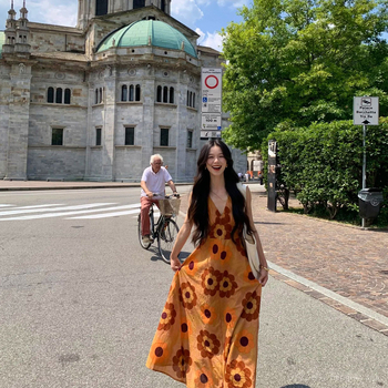 Rochie boemă de plajă din poliester, imprimeu cu plante și flori, decolteu în V, fără mâneci, croială A-line