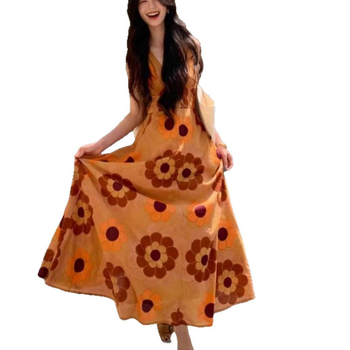 Rochie boemă de plajă din poliester, imprimeu cu plante și flori, decolteu în V, fără mâneci, croială A-line