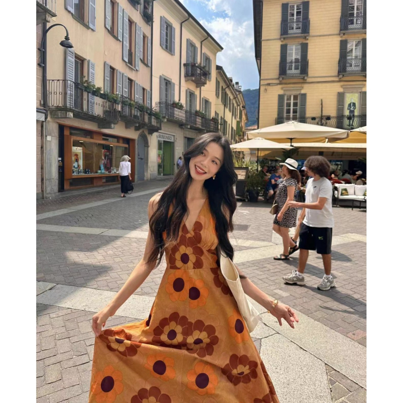 Rochie boemă de plajă din poliester, imprimeu cu plante și flori, decolteu în V, fără mâneci, croială A-line