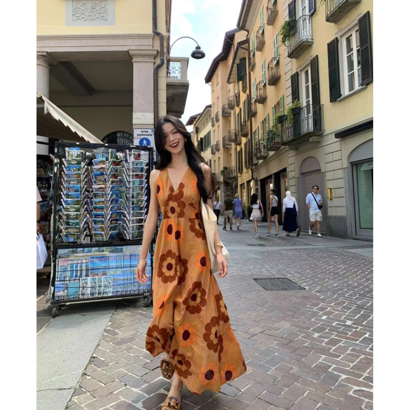 Rochie boemă de plajă din poliester, imprimeu cu plante și flori, decolteu în V, fără mâneci, croială A-line