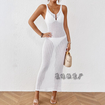 Rochie maxi cu decolteu în V, fără mâneci, tricot în dungă, textură decupată