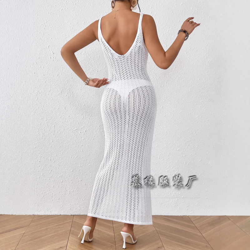 Rochie maxi cu decolteu în V, fără mâneci, tricot în dungă, textură decupată