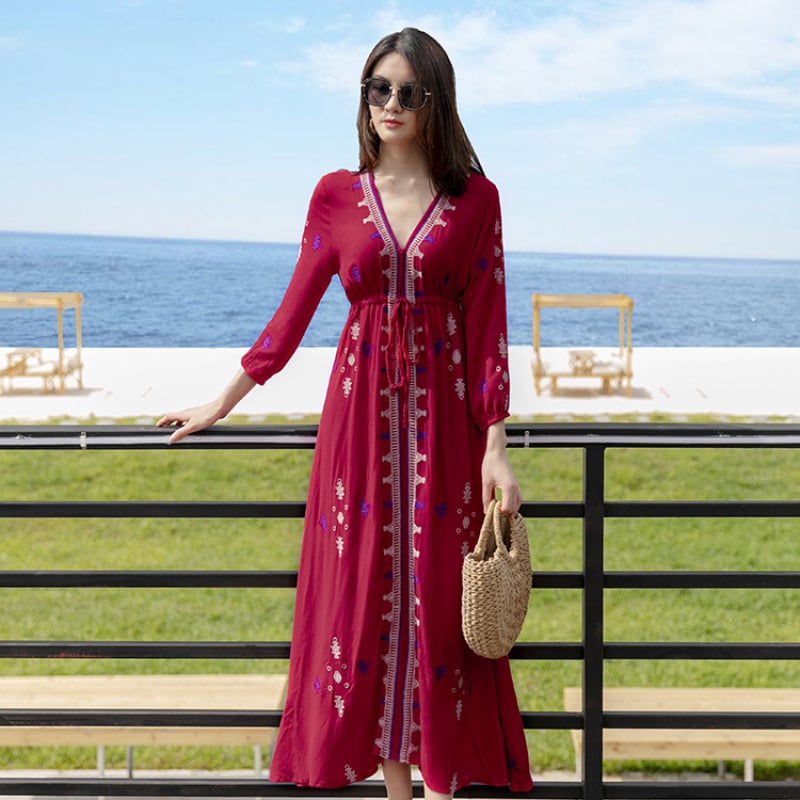 Rochie lungă în linie A, cu decolteu în V, broderie, material din bumbac-lin