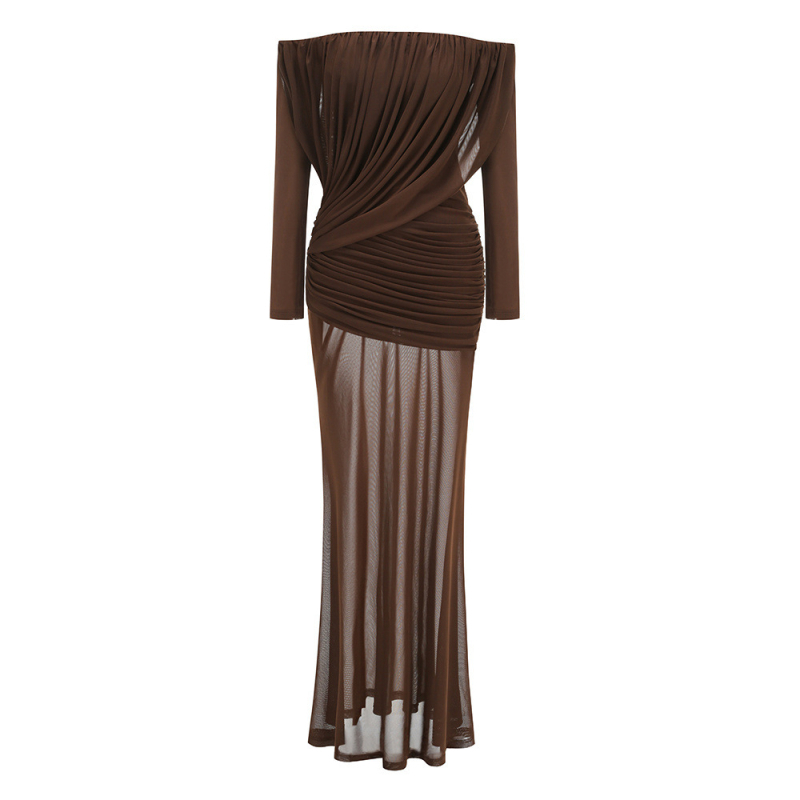 Rochie cu un umăr, mâneci lungi, poliester, plisată, croială Slim, fustă lungă în linie A, stil european-american