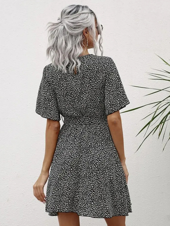 Rochie cu croială în A, imprimeu floral, talie elastică, mâneci scurte, lungime scurtă, poliester cu spandex