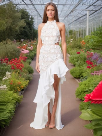 Rochie de seară lungă în stil franțuzesc cu broderie și volane, poliester, imprimeu floral